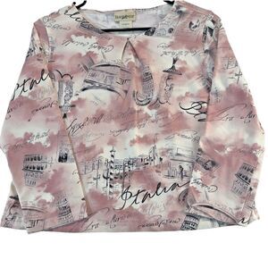 TravelSmith T Shirt Women Sz L Shorter Length Pink/Blk Italia Print 3/4‎ Sleeve